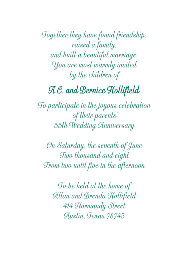 55th Wedding Anniversary Party Invitation, Style 1K