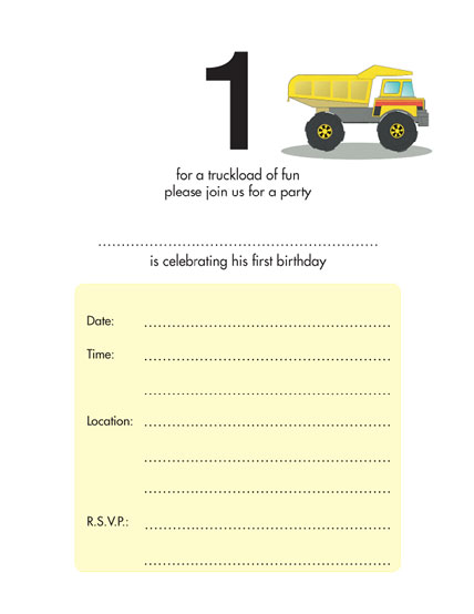 Kids Birthday Party Invitation Template   1 Year Old Boy, Truck, No 